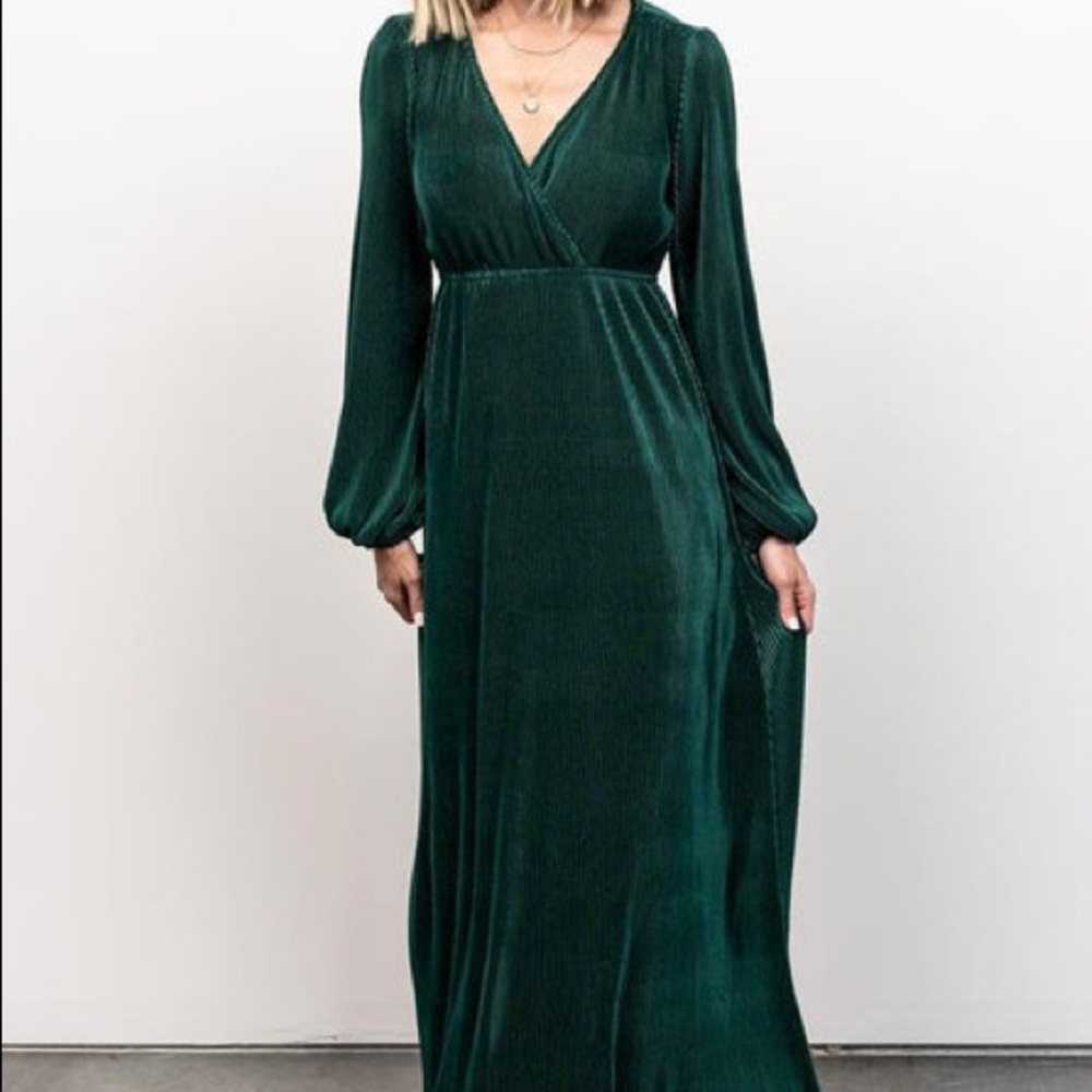 Baltic Born Venus Pleated Forest Green Maxi Long Sleeve Dress